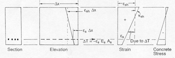 Figure 2: Shrinkage stresses and strains on an uncracked section